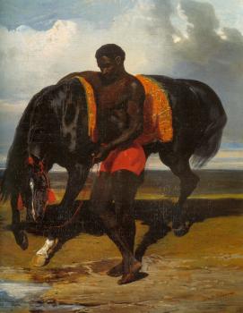 阿爾弗雷德 德 德勒 Africain tenant un cheval au bord d'une mer